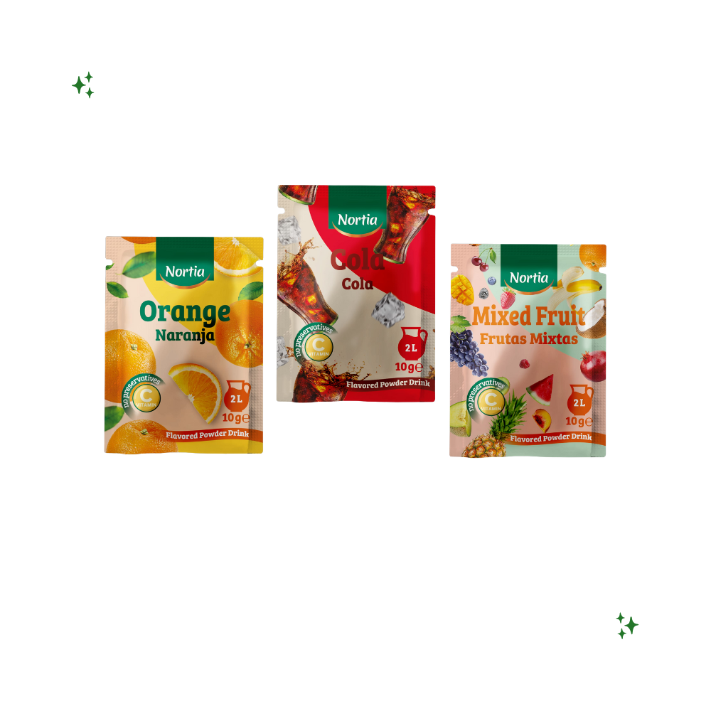 paquetes de refresco de cola, naranja y frutas mixtas